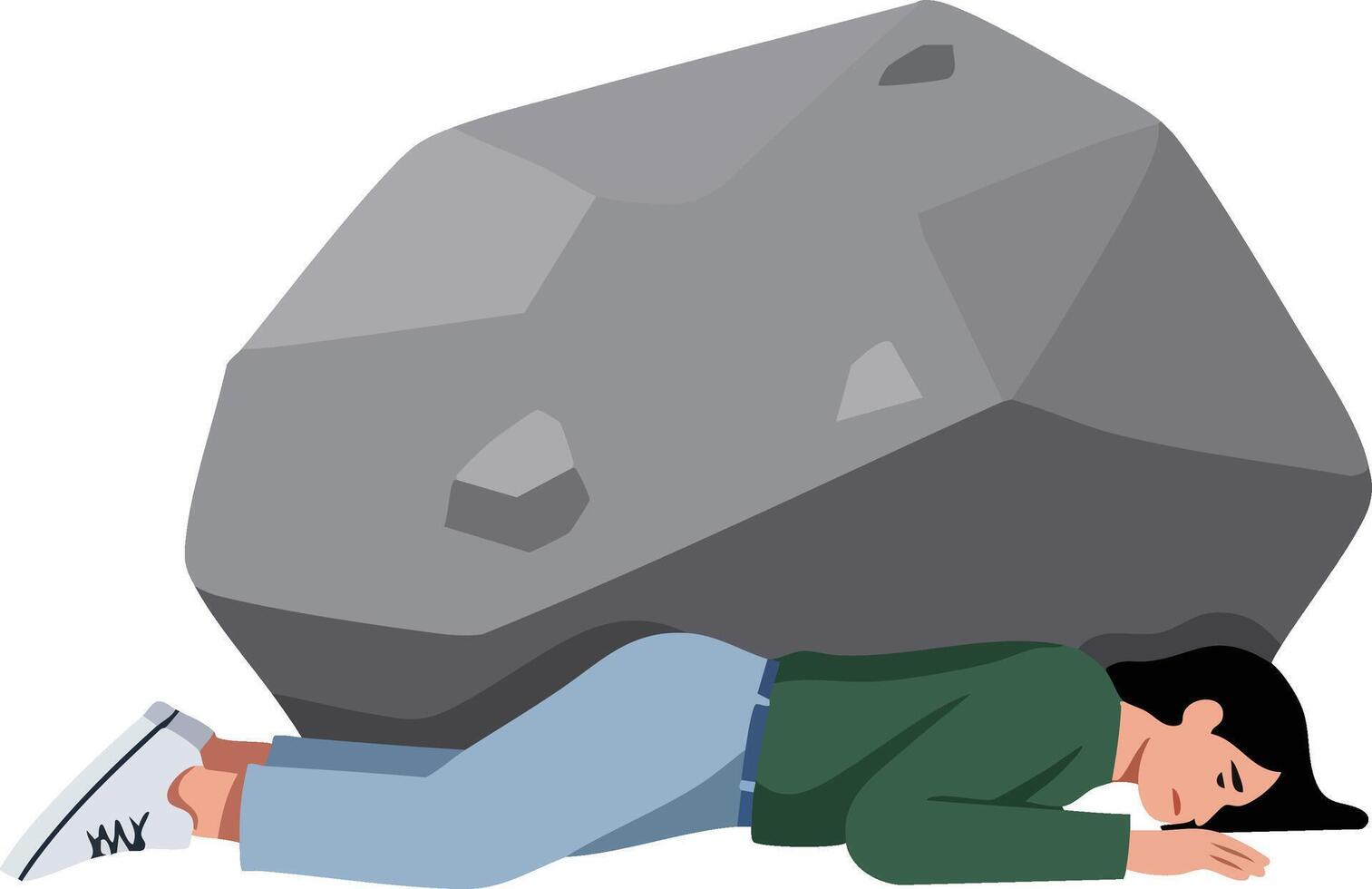 Person lying down under heavy large gray rock burden symbolizing stress and pressure illustration vector