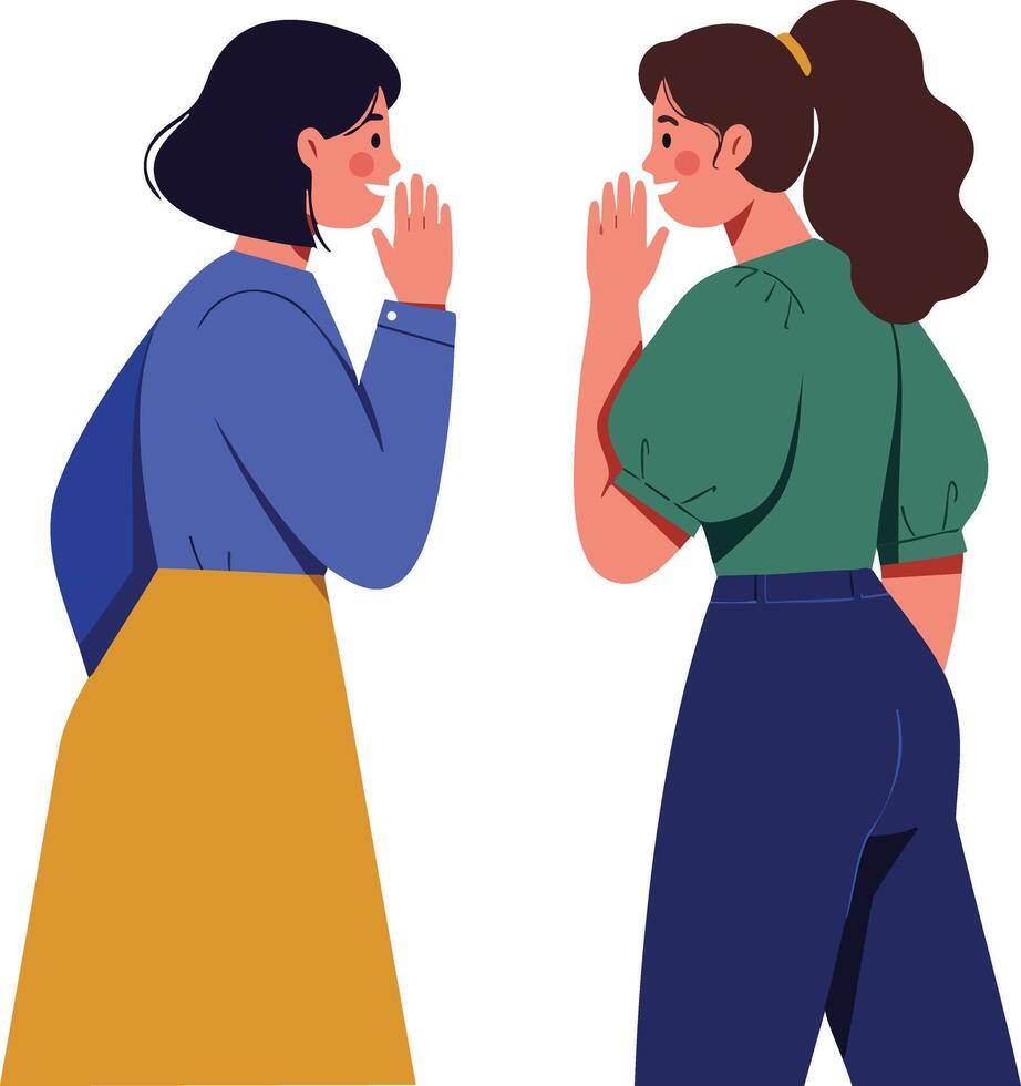 Two women sharing secrets and whispering to each other in casual clothing illustration vector