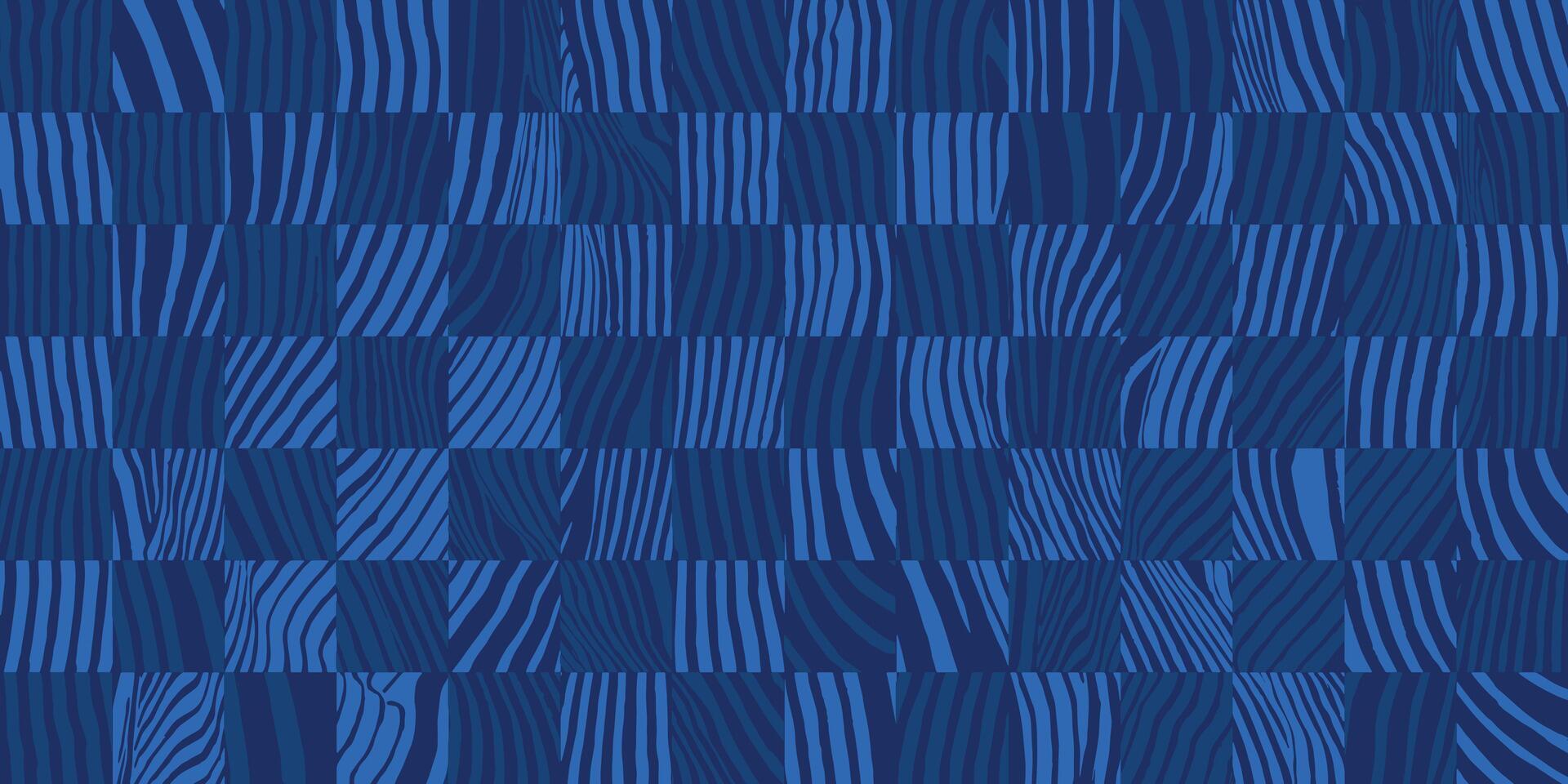 Hand drawn top view of swimming pool tiles distorted from water pattern, abstract brush lines checkers chess board in blue, squares experimental optical graphic for textile, carpet, decoration vector