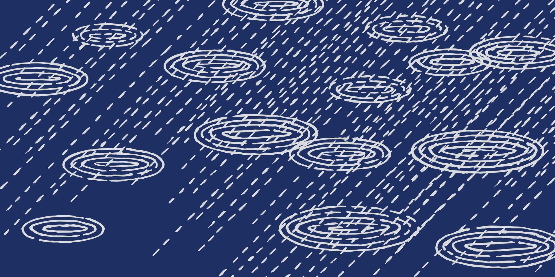 Circle waves and ripples on water from raindrops, Japanese and ethnic simple style abstract hand drawn dash brush lines pattern, Sashiko embroidery stitches texture calm background in white and blue vector
