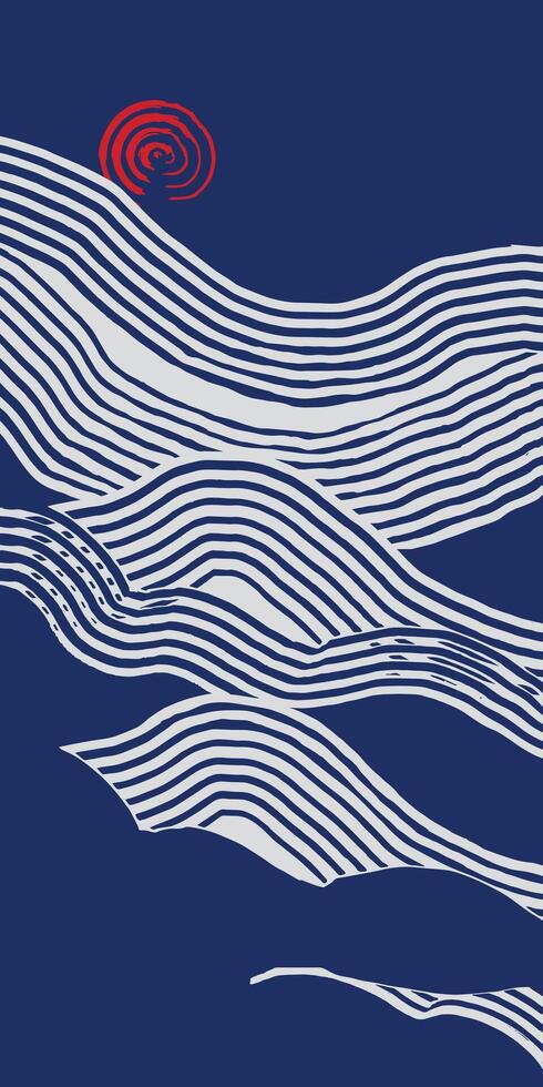 Hand drawn abstract brush lines, Japanese inspired zen garden texture landscape background in vertical, experimental mountains illustration for decoration, banner, textile vector