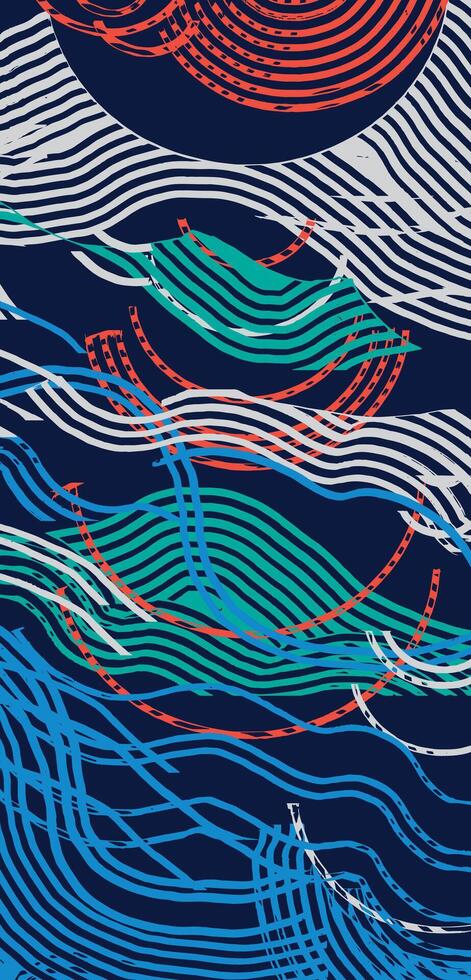 Hand drawn colorful brush lines abstract sun, clouds, mountains and ocean landscape pattern, Japanese and ethnic wood carving, weaving texture background, irregular and creative graphic for textile vector