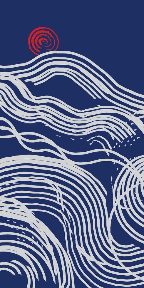 Hand drawn abstract disorganized brush lines, Japanese inspired zen garden landscape vertical background, mountains, water and waves experimental illustration for decoration, banner, textile vector