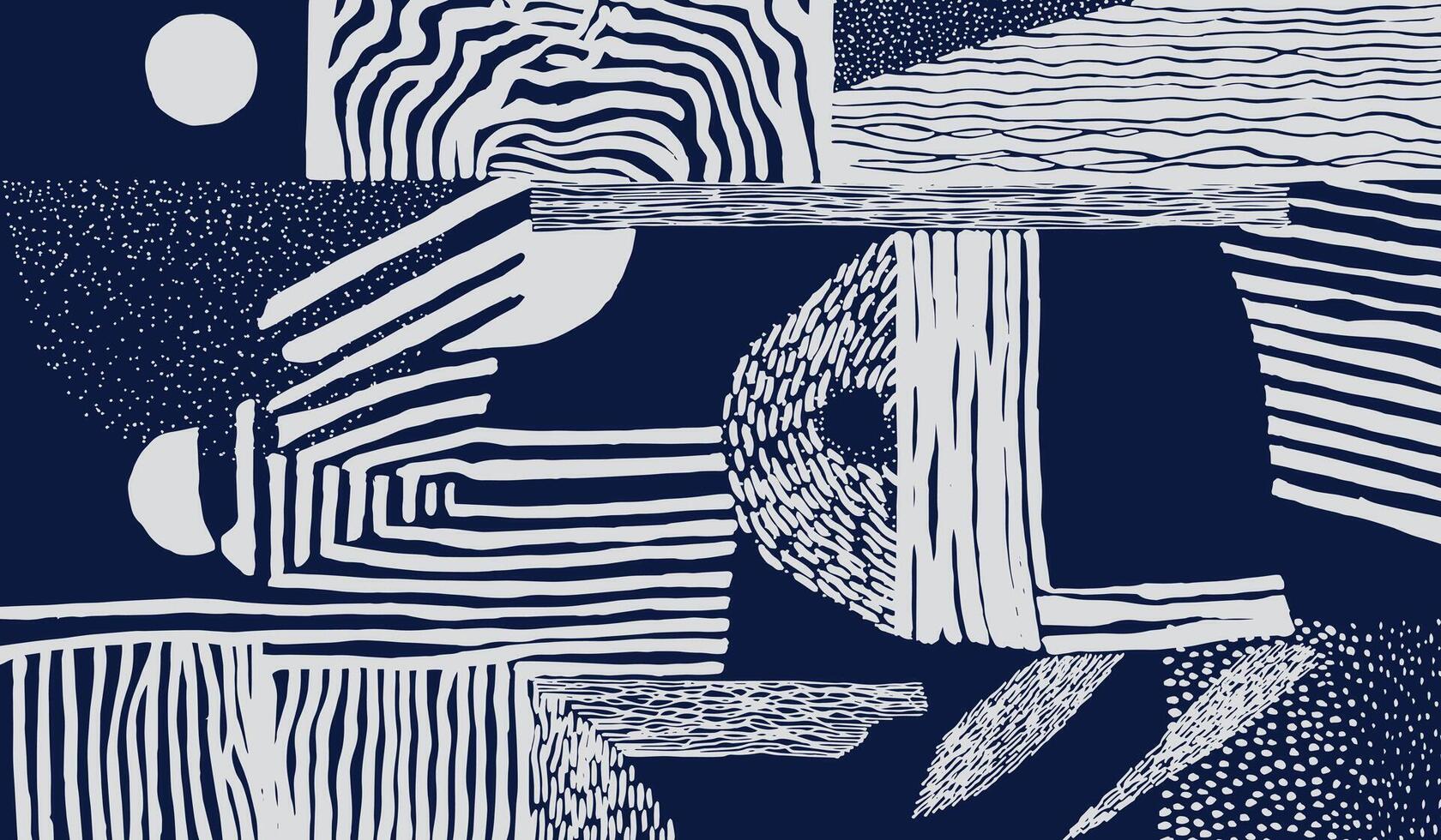 Hand drawn brush lines abstract elements pattern, tribal wood carving, engraving texture background in white and dark blue, simple graphic for textile, capet vector