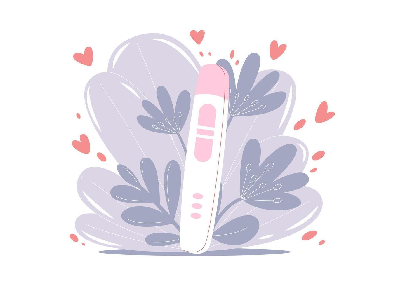 Heartwarming illustration of a positive pregnancy test surrounded by delicate leaves, flowers and hearts, symbolizing new life, hope and family. Flat hand drawn style, isolated background vector