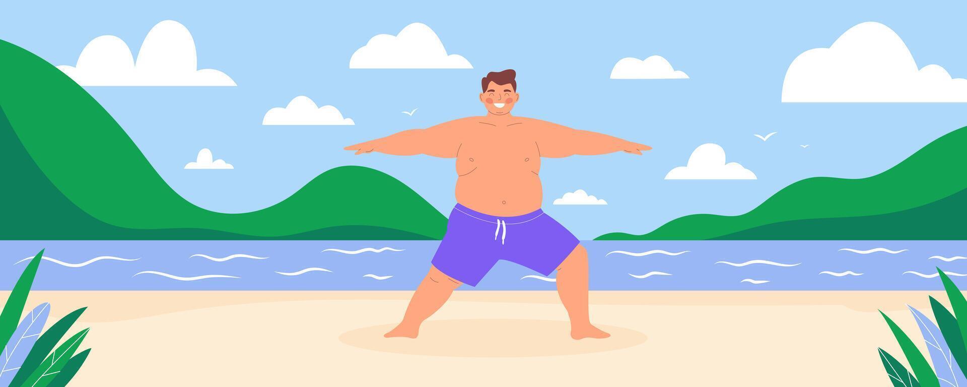 Smiling plus-size man practicing yoga or exercise on a serene beach. Body-positive banner, flat hand drawn illustration, self-acceptance and a healthy lifestyle, wellness, fitness concept. vector