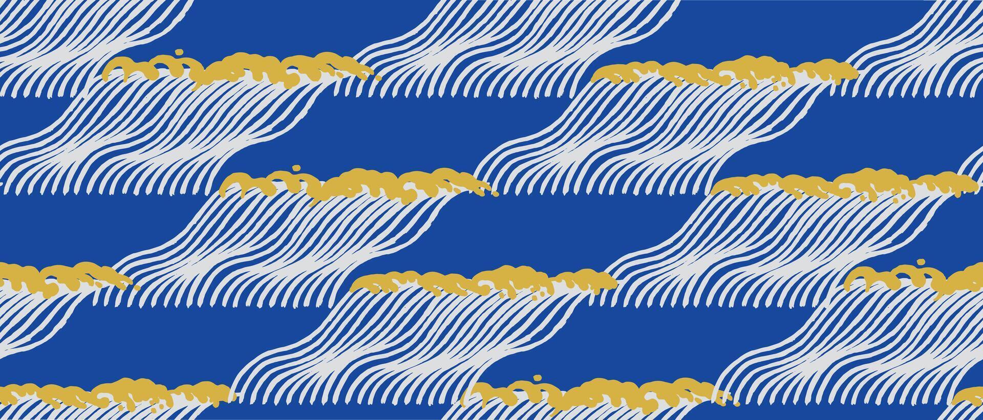 Seamless abstract ocean waves with gold ripples pattern in blue, hand drawn brush lines Japanese block print minimal style background for textile, carpet, banner vector