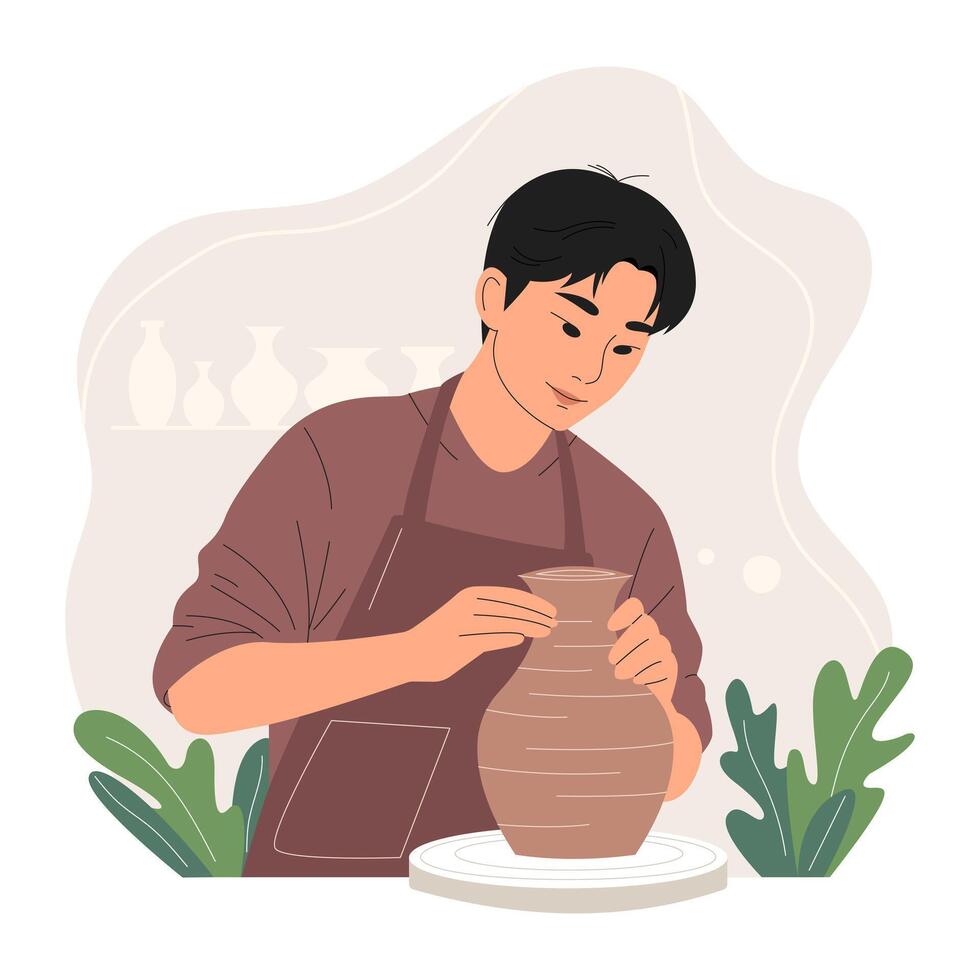Young asian man shaping clay on a spinning pottery wheel. Creative hobby and traditional craft concept. Trendy flat hand drawn illustration of character, pottery workshop. Handmade ceramic vase vector
