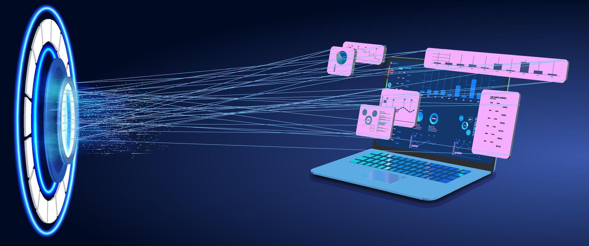 Data transfer portal connecting to a laptop with visual graphs in a futuristic setting. vector