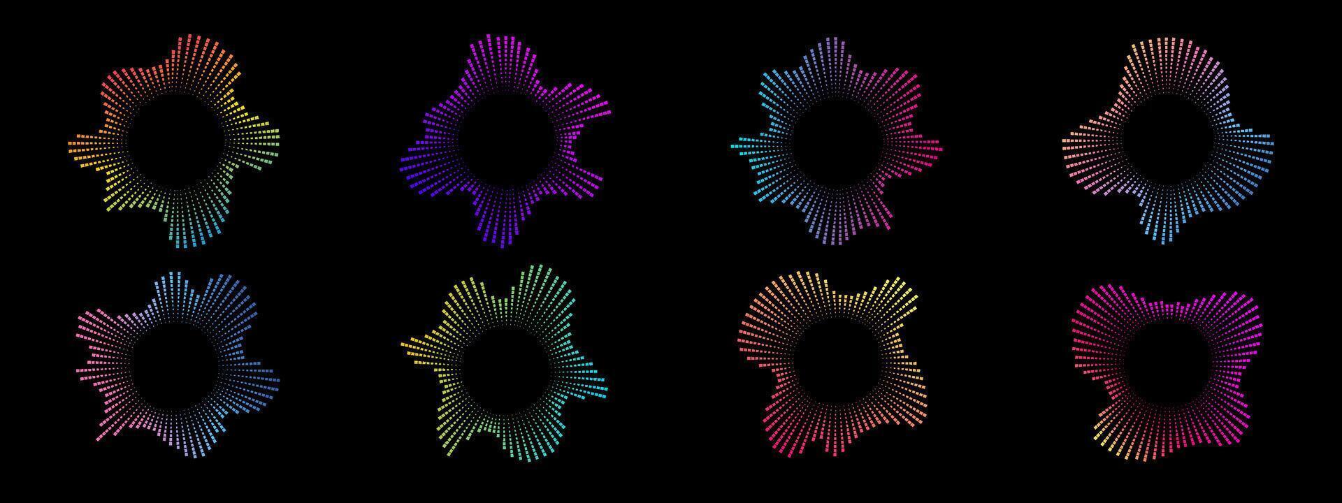 A set of rainbow equalizers made of bursting beams . Radial sound, frequency sound multicolor neon sound waves with light particles. Musical symbol, circular sound waves. radial spectrum. vector