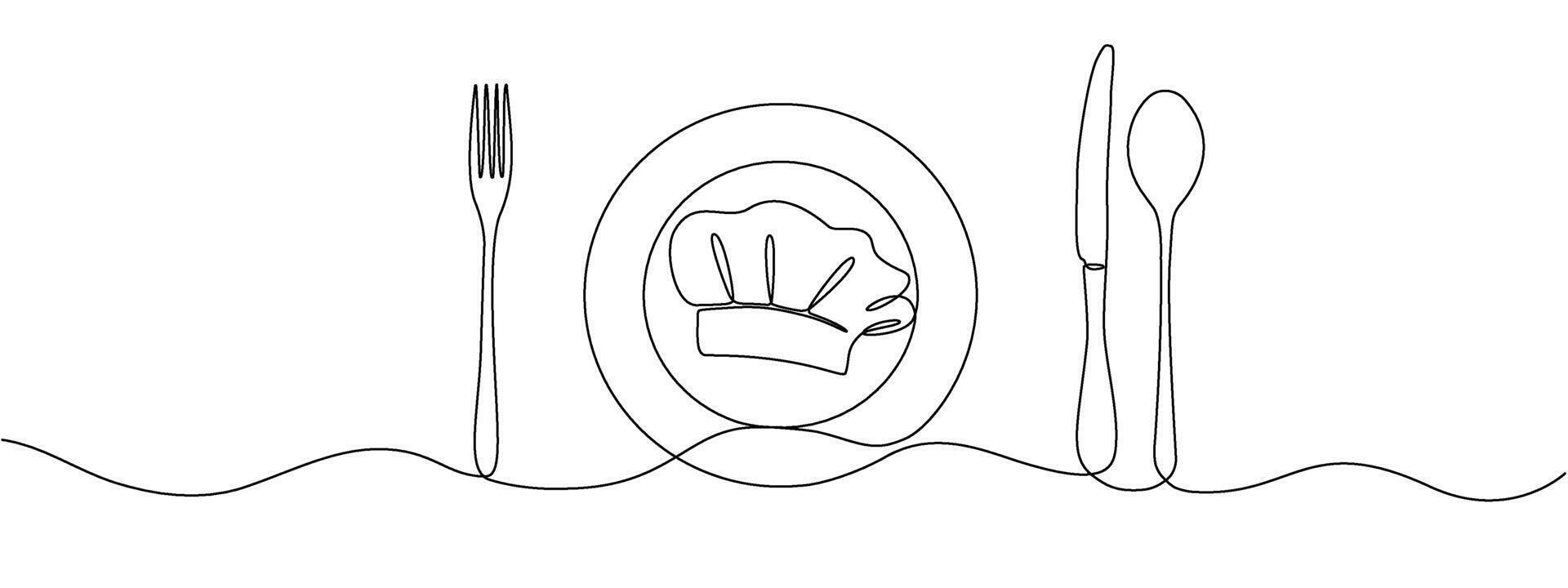 Fork, knife, spoon, plate and chef's cap in one solid line. Single line editable cutlery template for business cards, banners. Symbol of cafe, restaurant. illustration vector