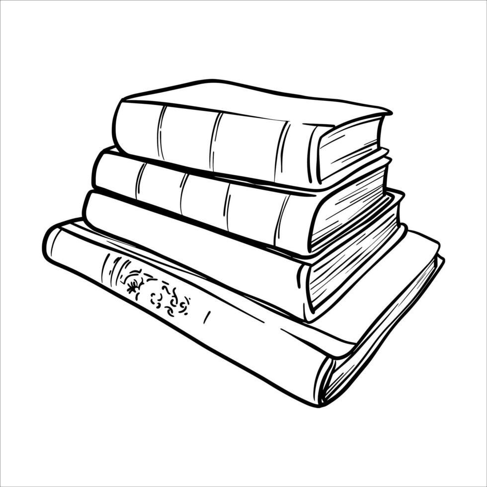 Black and white line drawing of a stack of four books. Hand drawn black and white illustration of books. Minimalistic sketch Book Stack in line art style vector