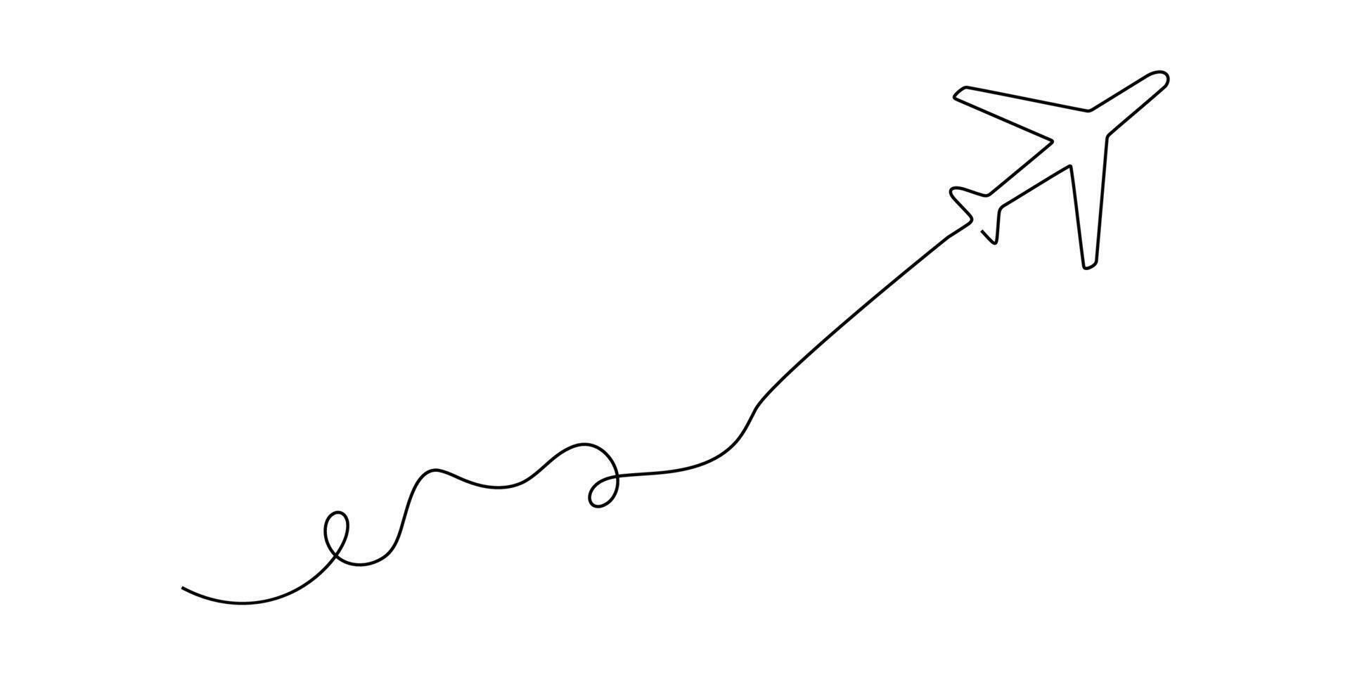 continuous one line illustration travel plane doodle art icon outline . trip line plane flight sketch air airplane fly world background airport path single aircraft drawn business road linear vector