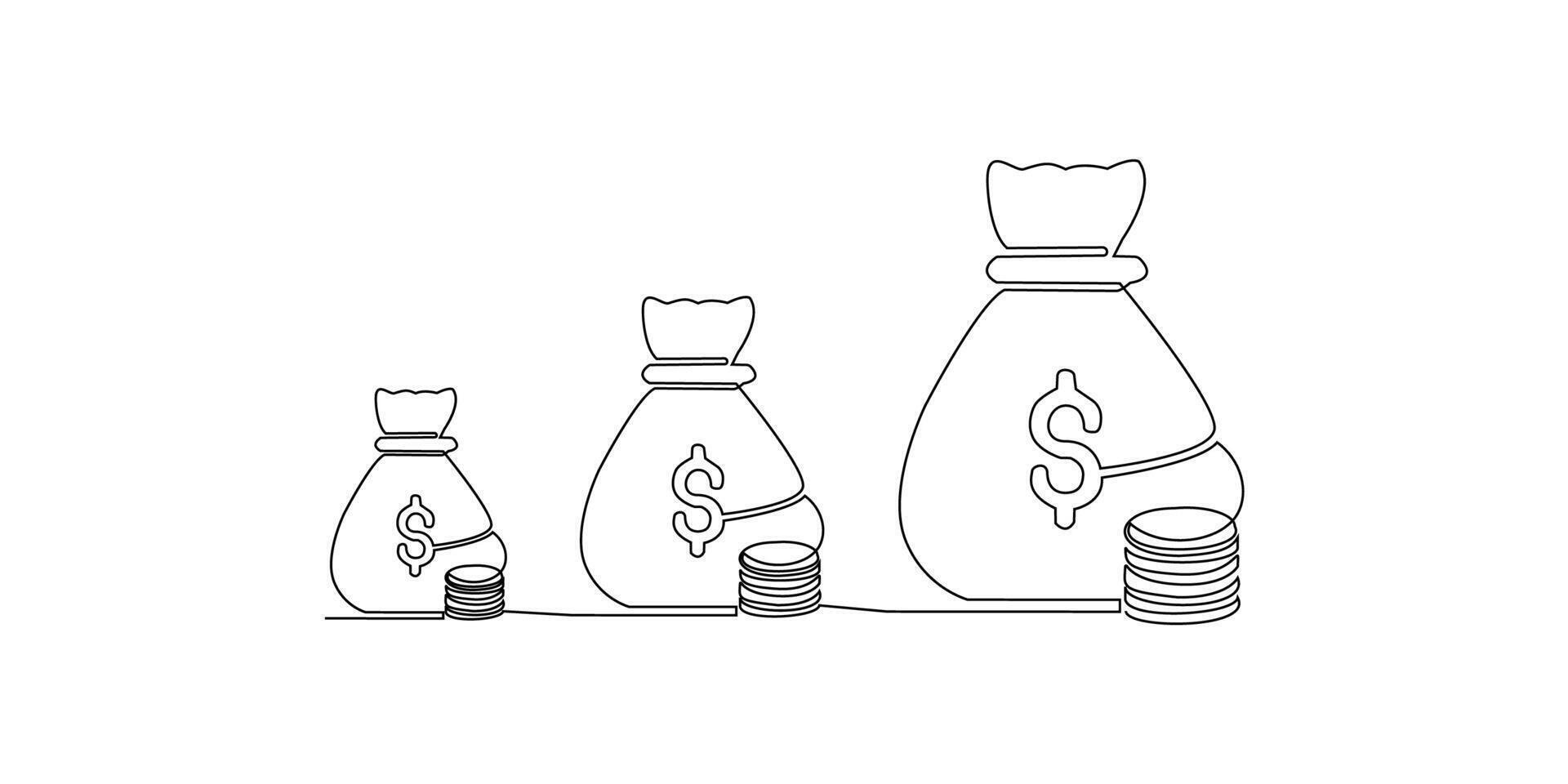 Continuous lineart bag bank money one finance art graph financial icon coin single. Growth one line money chart sketch cash concept hand investment business arrow drawing doodle background vector