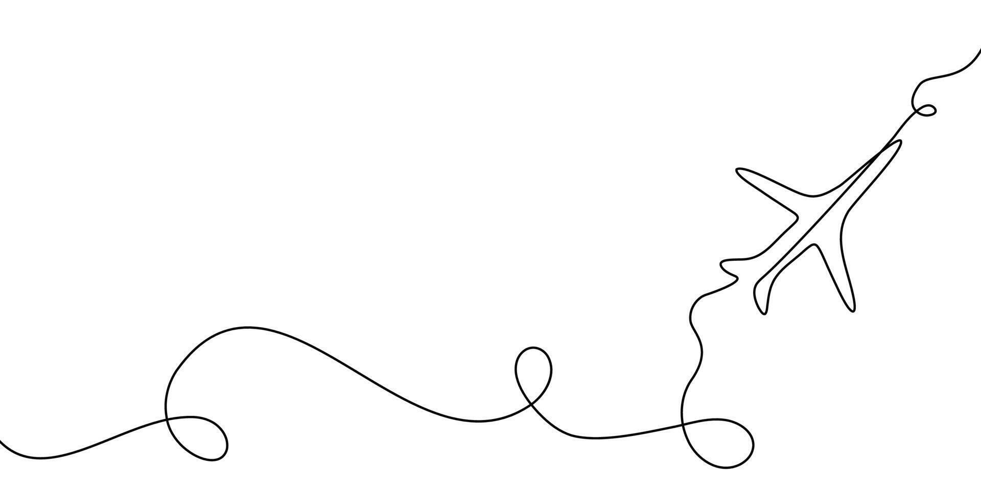 continuous one line plane illustration travel doodle art icon outline . trip line plane flight sketch air airplane fly world background airport path single aircraft drawn business road linear vector