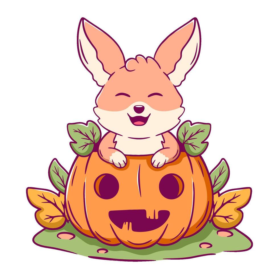 Cartoon fox is sitting inside a pumpkin. The pumpkin is orange and has a hole in the middle vector