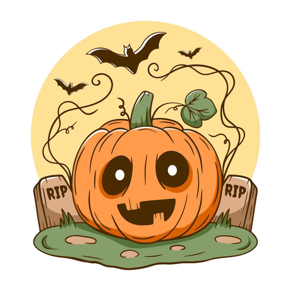 Pumpkin with a scary face is sitting on a grave vector