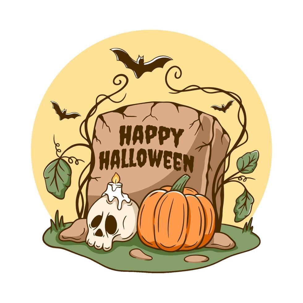 Skull and a pumpkin are on a grave vector