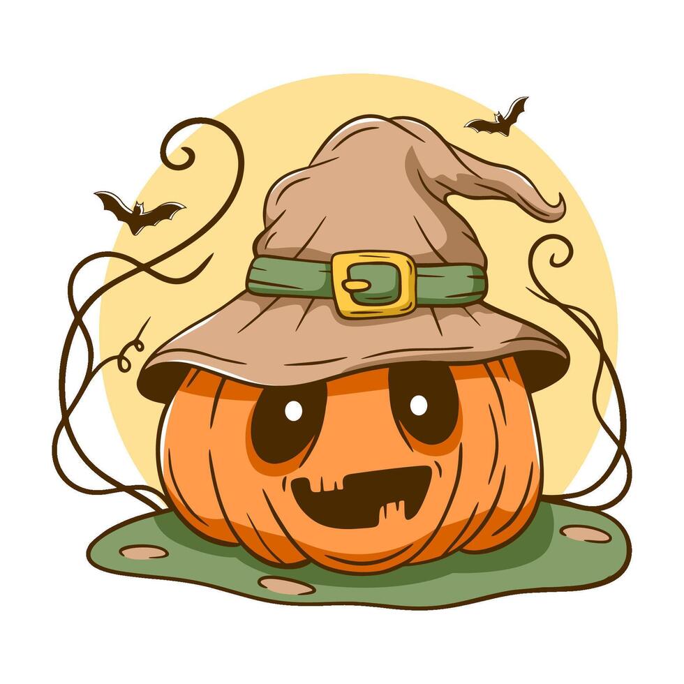 Cartoon pumpkin with a witch's hat on top of it vector