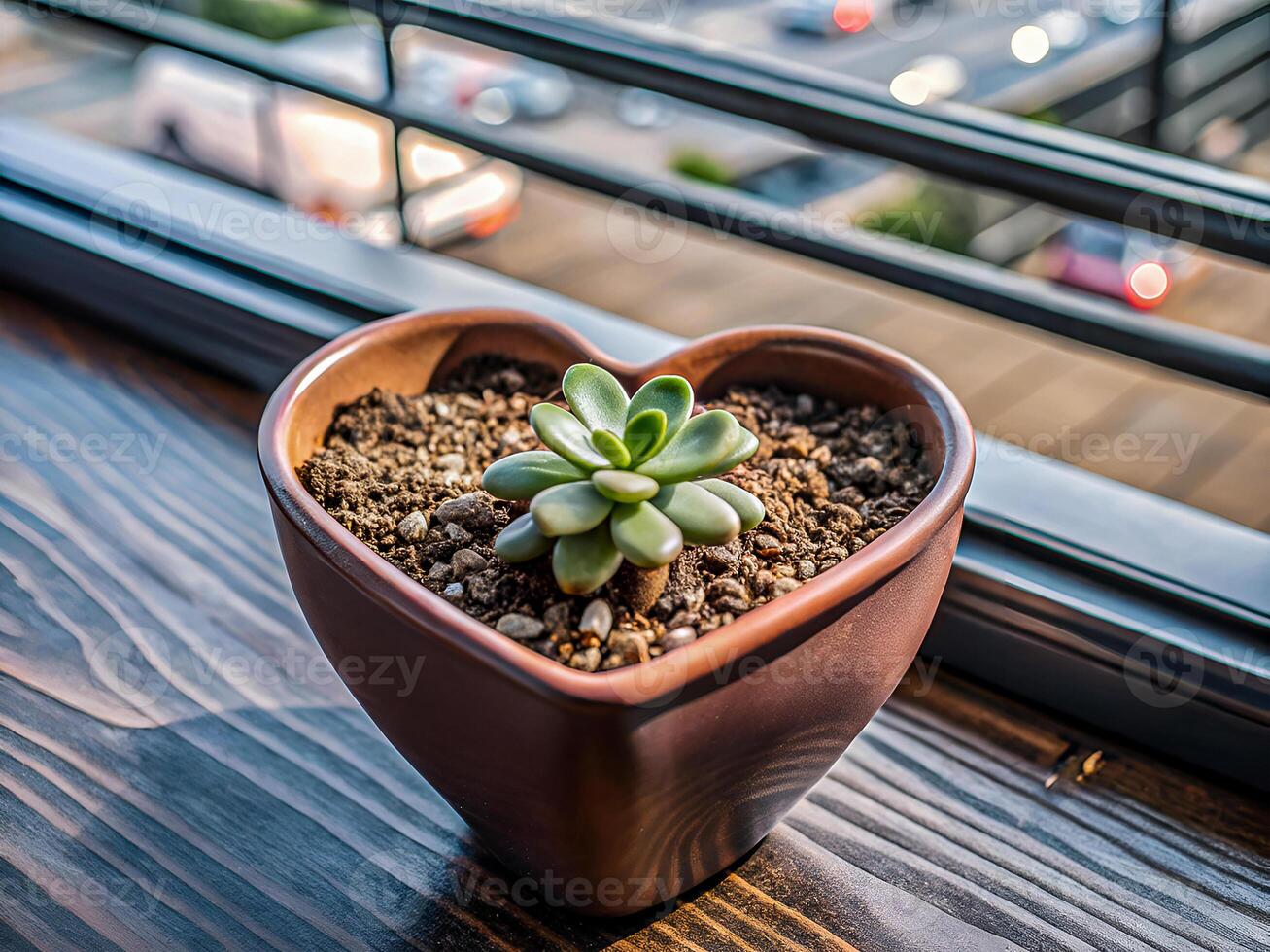 Succulent in a Heart Pot with a City View photo