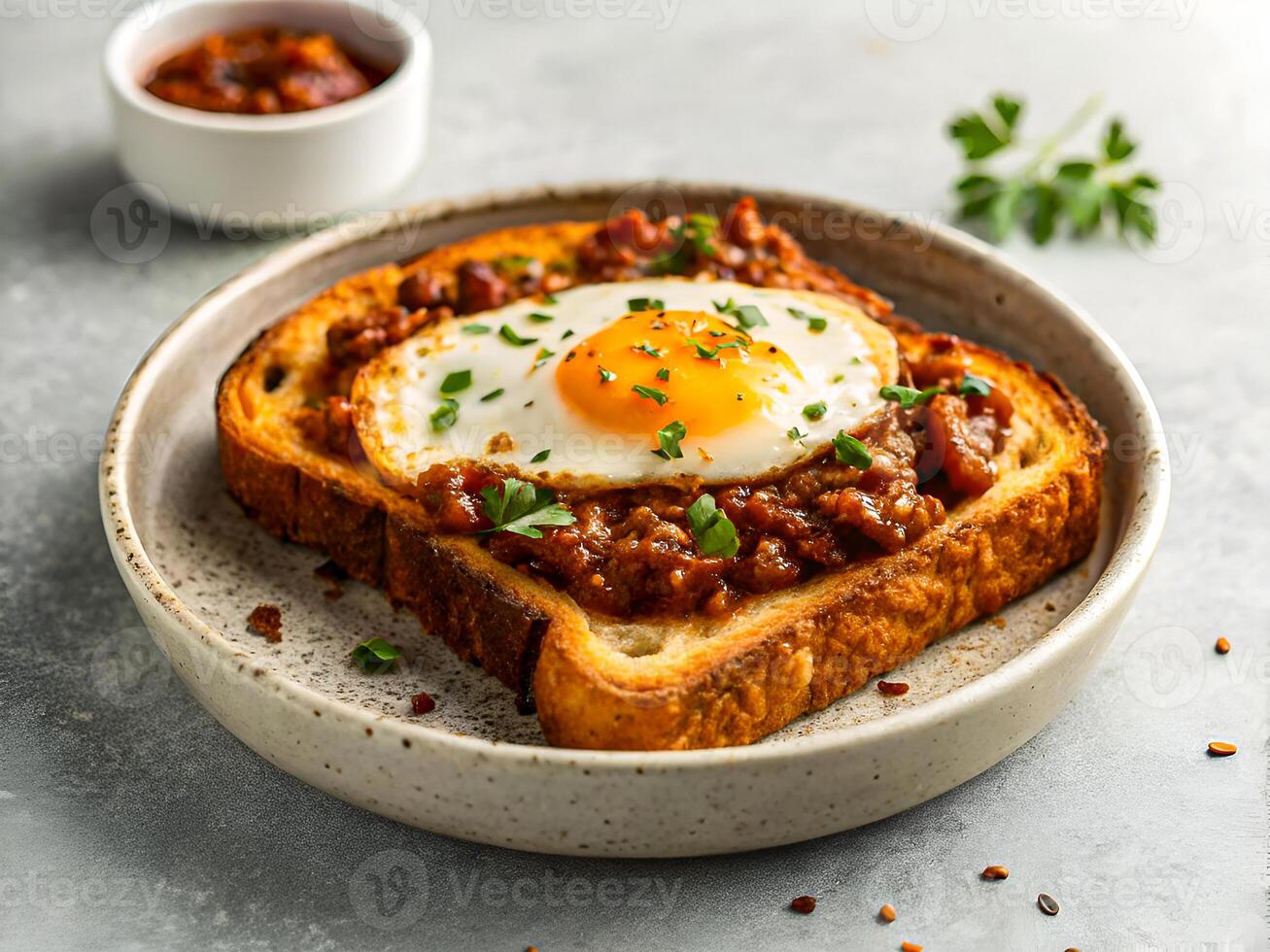 Gourmet Breakfast Toast with Savory Meat Sauce and Sunny Side Up Egg. Rustic Morning Indulgence. Delicious food background photo