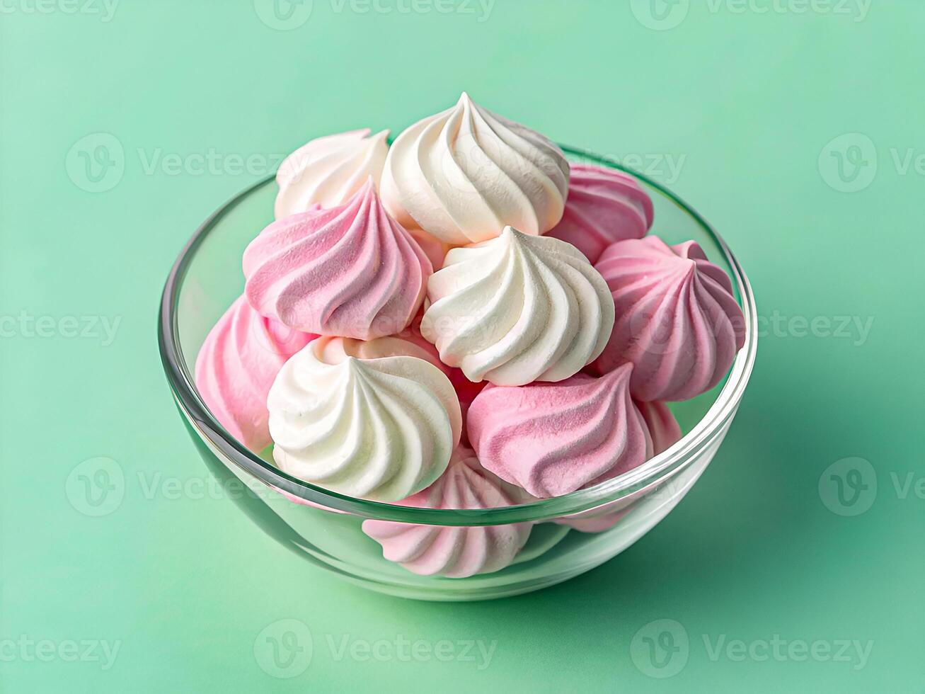 Pastel Meringue Bliss. Elegant Dessert Delight in Mint Green Setting. Delicious food background photo