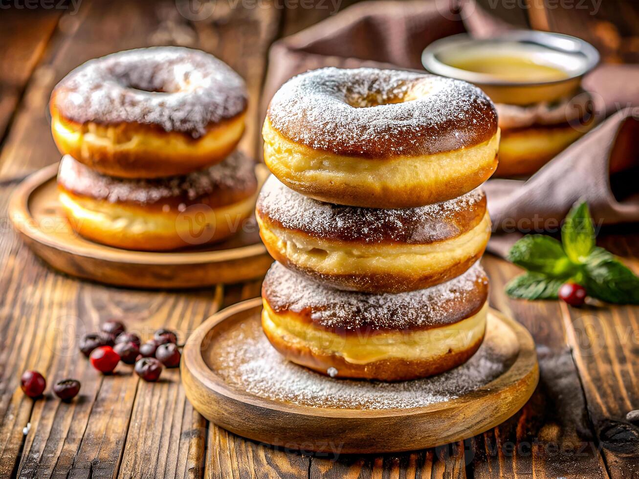 Irresistible Homemade Donuts Stacked with Powdered Sugar Delight. Delicious food background photo