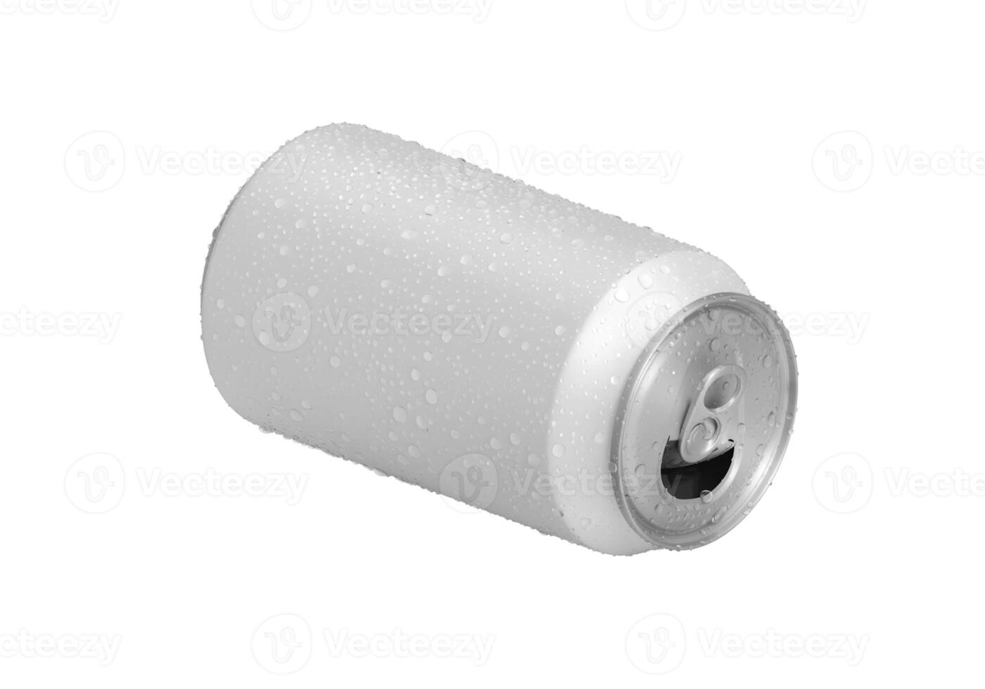 Open white Aluminum soda can with water drops isolated on white background photo