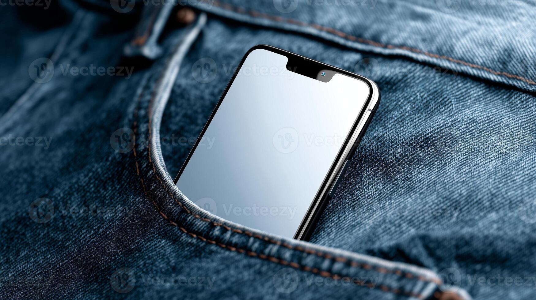 Mockup phone in denim back pocket with blank screen for tech branding and lifestyle visuals photo