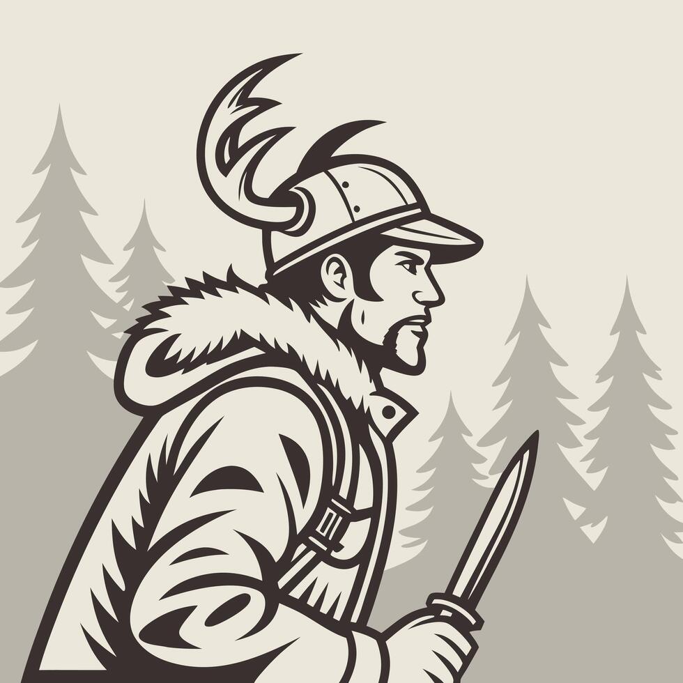 Hunter in forest with knife wearing helmet and fur lined coat vector