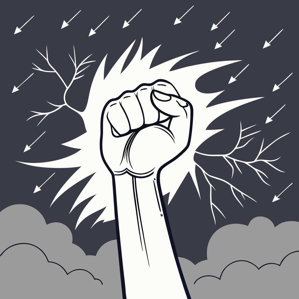 Raised Fist in Protest with Arrows and Clouds in a Stormy Sky vector