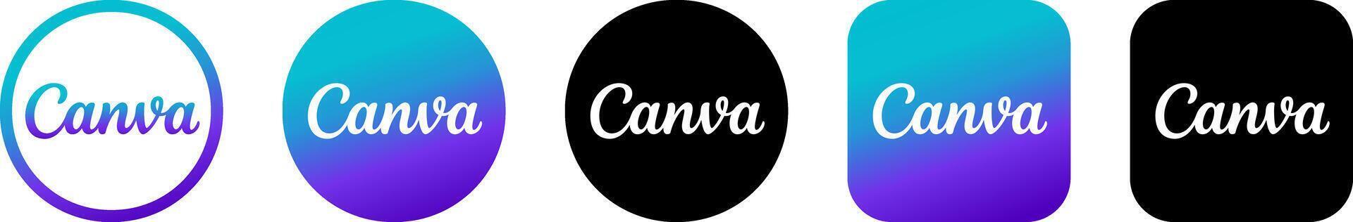 Display of five Canva logo styles with round and square backgrounds in black, white, and blue purple gradient vector