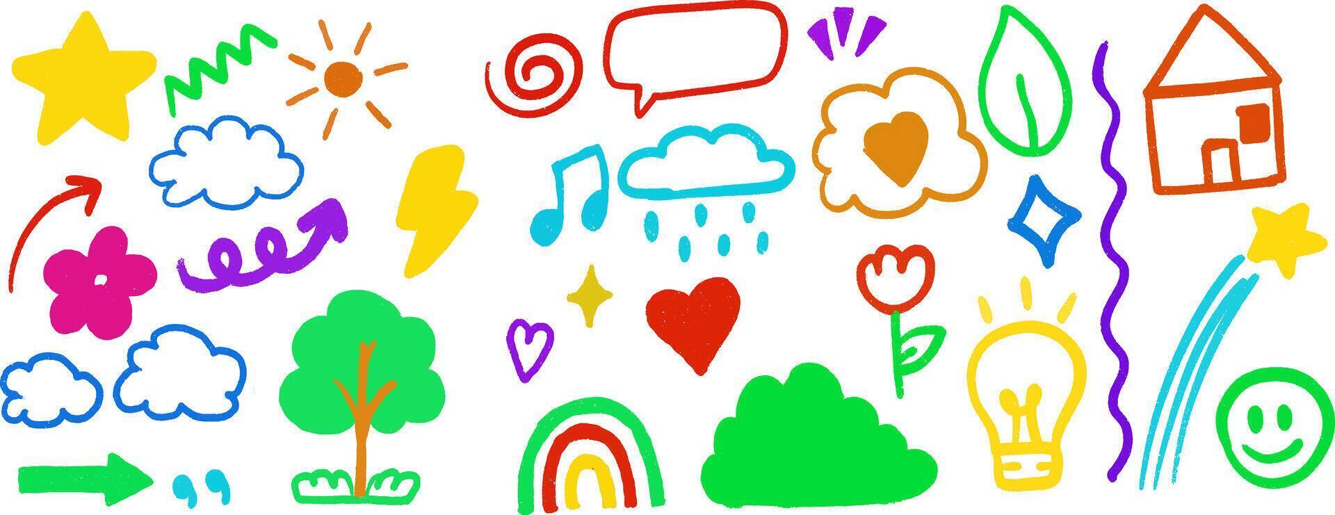 Fun and vibrant doodle icons of weather, nature, emotions, and positive symbols in a colorful handdrawn style, perfect for kids projects, education vector