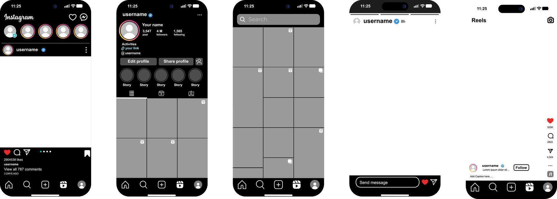 Design of Instagram app screens in dark mode vector
