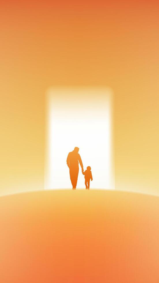 Father's Day vertical illustration Father and child walking towards the light door vector