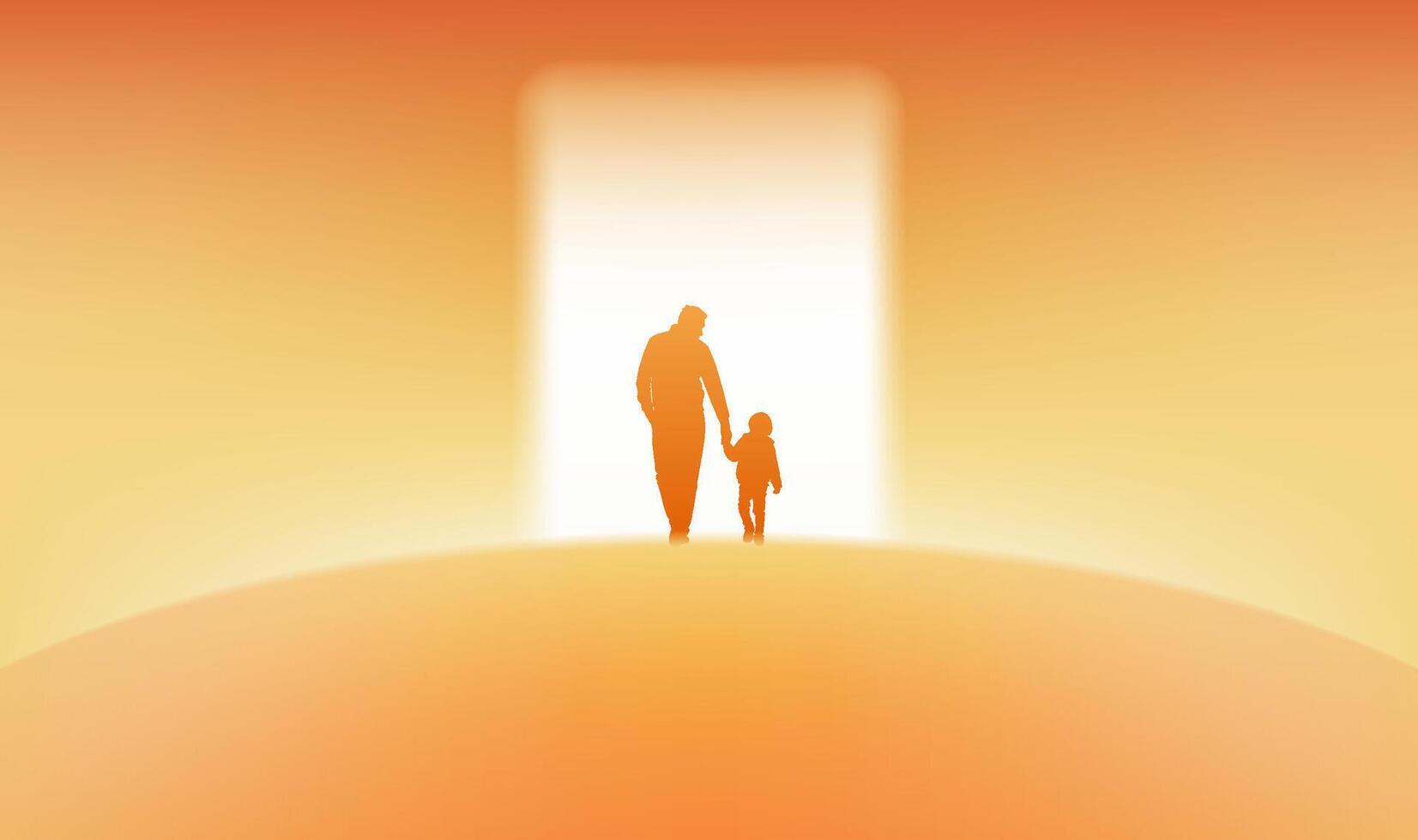 Father's Day horizontal illustration Father and child walking towards the light door vector