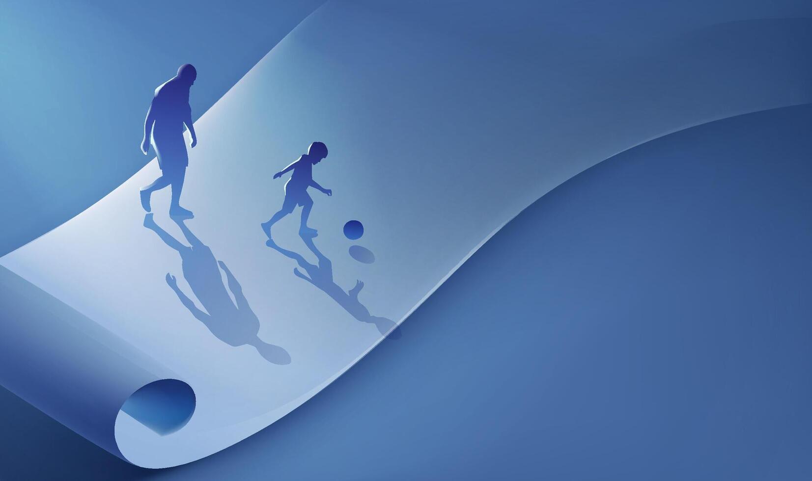 Father's Day horizontal illustration of a father and child kicking a ball on a scroll vector