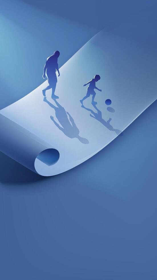 Father's Day vertical illustration of a father and child kicking a ball on a scroll vector