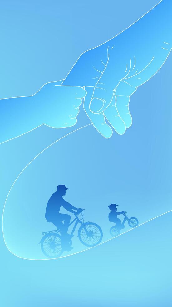 Father's Day vertical illustration father child riding a bicycle foreground hand in hand vector