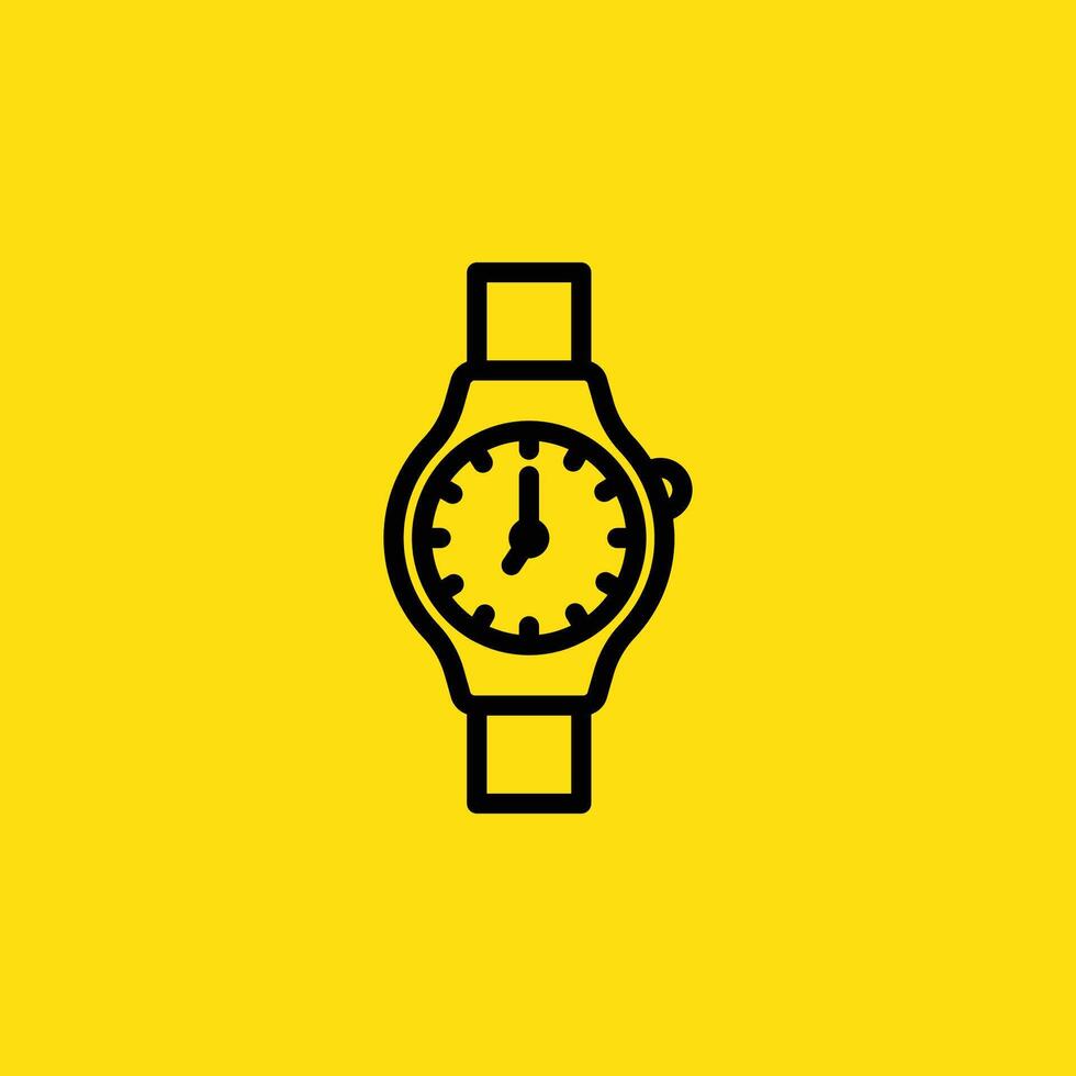 A simple line art watch icon tells time on a yellow background, ideal for representing punctuality or scheduling. vector