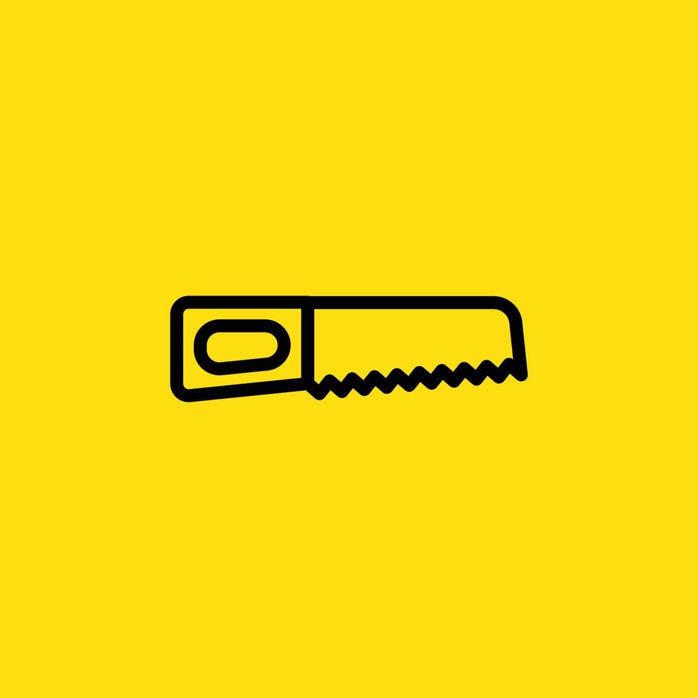Simple black outline drawing of a hand saw is isolated against a yellow background and is used for carpentry work. vector