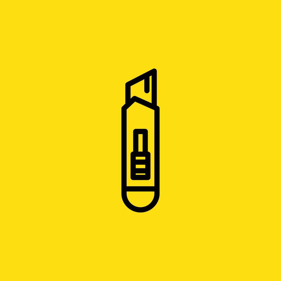 A black and white icon of a box cutter is displayed against a solid yellow backdrop and used for opening boxes. vector