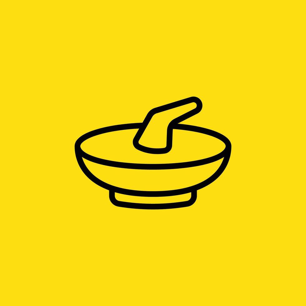 A simple line drawing shows a mortar and pestle on a yellow background, ideal for culinary or design projects. vector