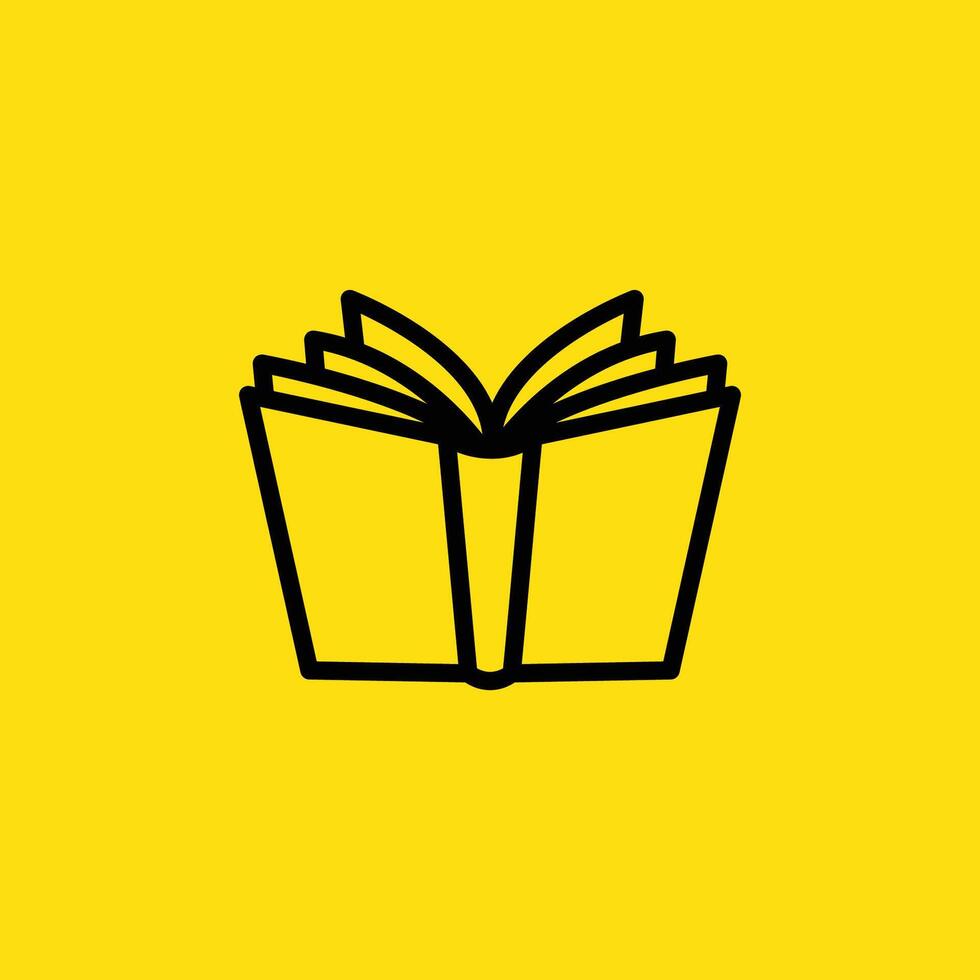 An open book is depicted with black lines against a solid yellow backdrop, likely used to represent knowledge or education. vector