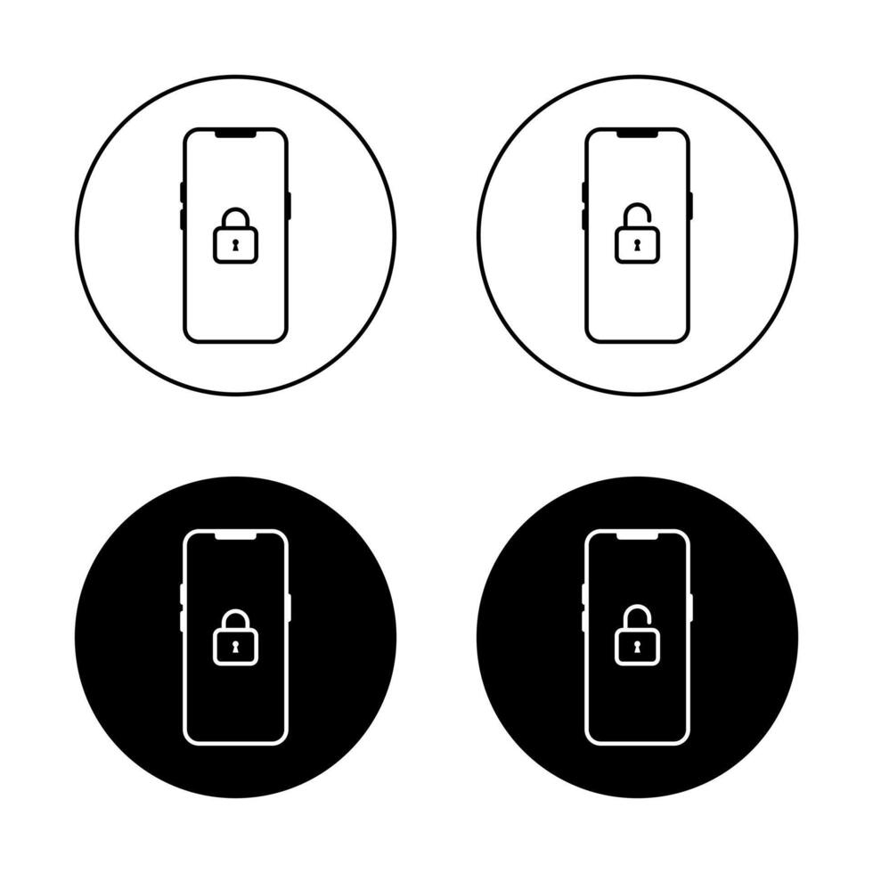 Lock and unlock padlock on smartphone screen icon on black circle. Security mobile phone sign symbol vector