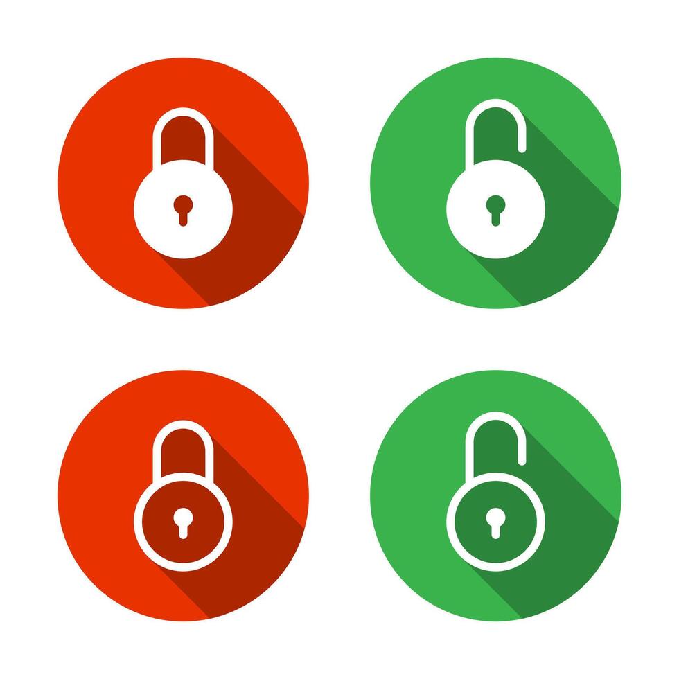 Lock and unlock circle padlock icon set with long shadow. Security, privacy protection sign symbol vector
