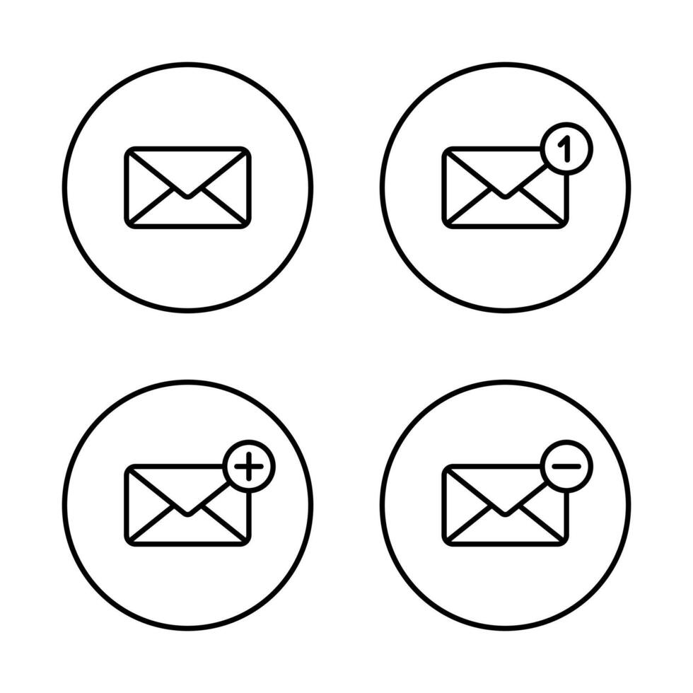 Notification message, add and remove envelope email outline icon on circle line vector