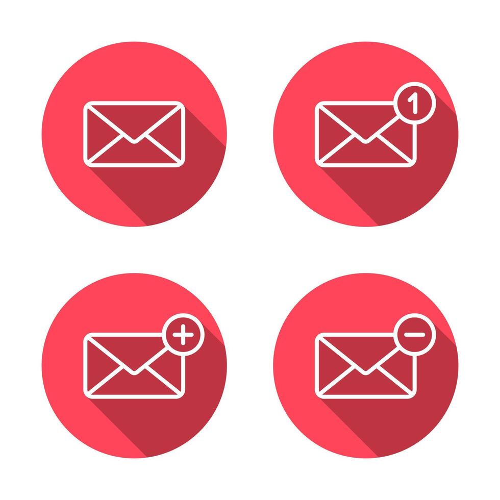 Message notification, add and remove envelope email outline icon with long shadow. Mail sign symbol vector