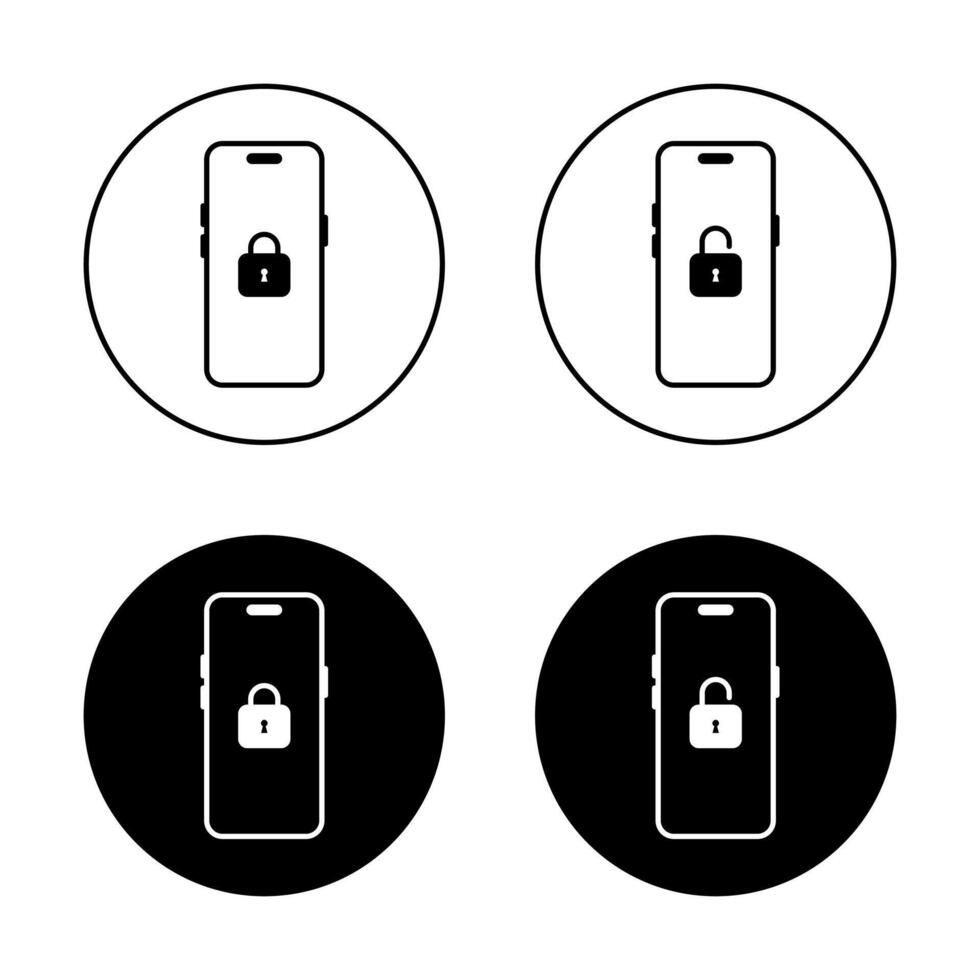 Lock and unlock on smartphone icon on black circle. Security mobile phone sign symbol vector