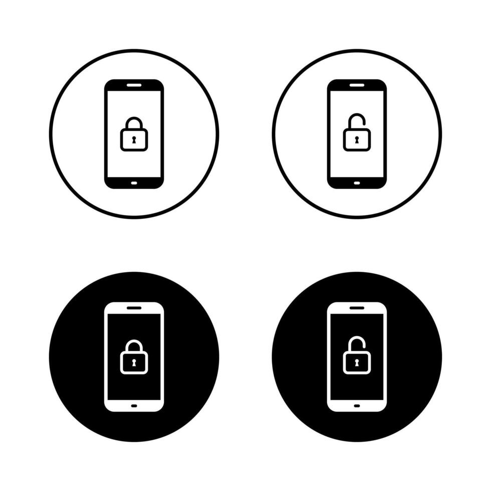 Lock and unlock phone icon on black circle. Security smartphone sign symbol vector